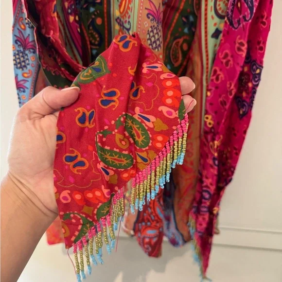 Farm Rio Colorful Floral Bandana Beaded Belt Waist Midi Dress size S - Picture 7 of 10